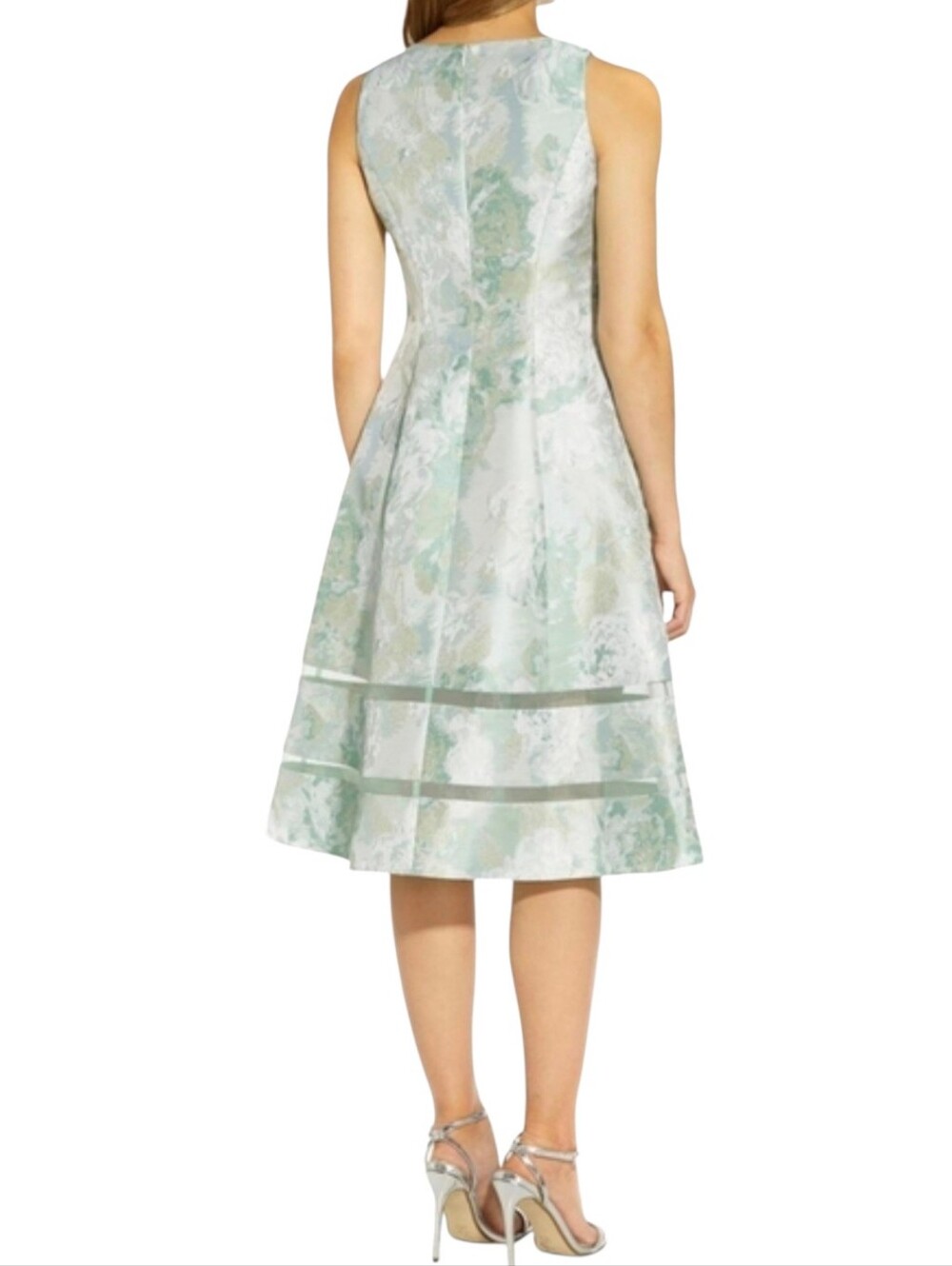 Adrianna Papell Metallic Floral Jacquard Organza Trim A-line Dress Size 4 - Picture 3 of 5